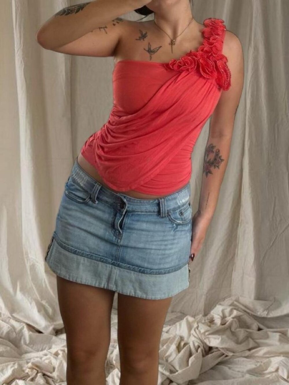 Y2K Body Central 3d flower detail Coral Pink Asymmetrical One Shoulder Tank Top